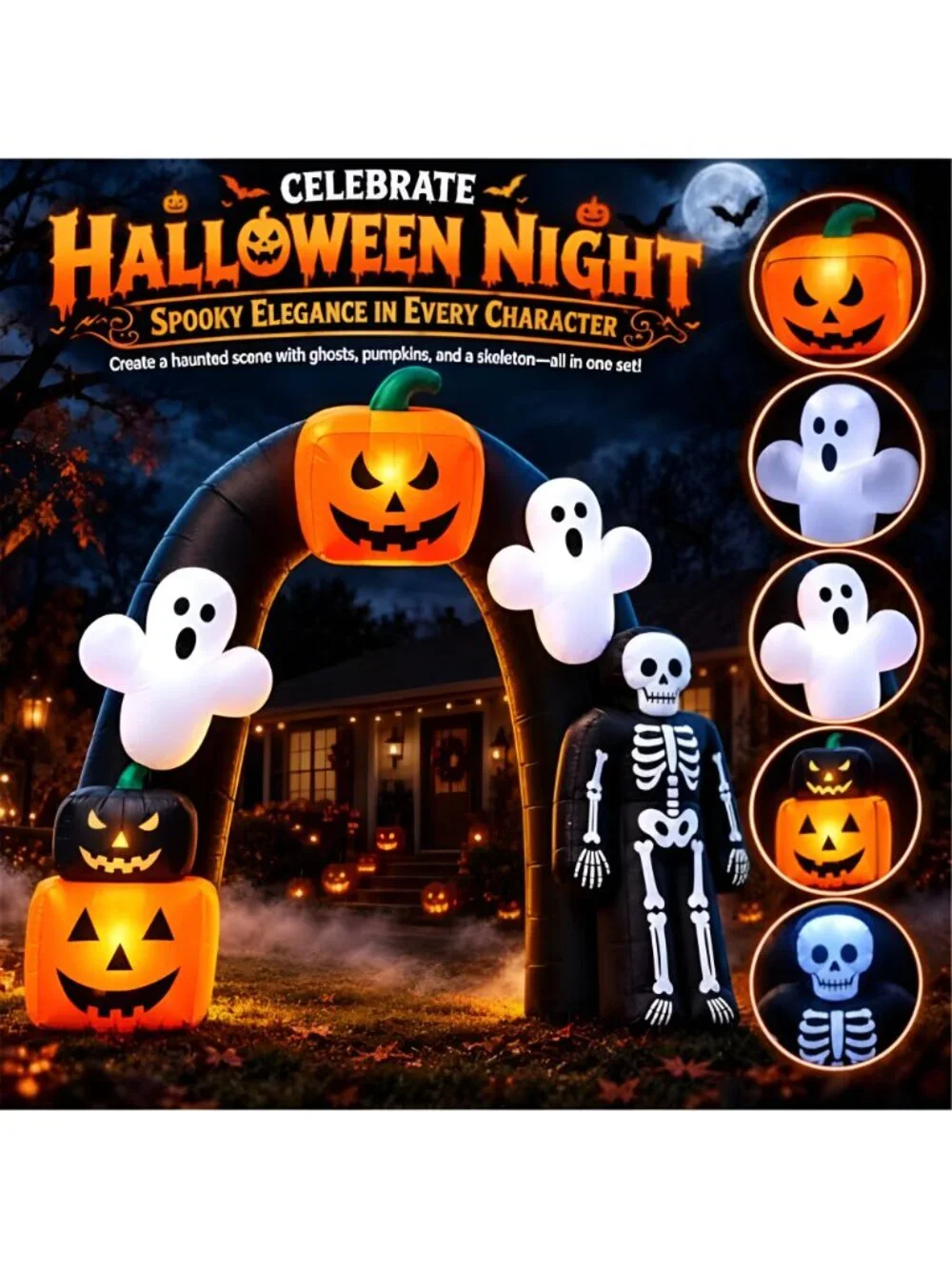 8FT Halloween Inflatable Archway with Pumpkin & Ghost, Built-in LED